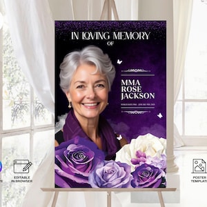 Editable Purple Funeral Welcome Sign Template | In Loving Memory Sign + 3 Bonus Sizes | Memorial Service Canva Printable
