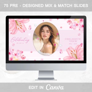 Pink Floral Funeral Slideshow Template: Celebration of Life (Canva, 75 Slides, Digital Download