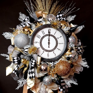 Ghirlanda Midnight Elegance – Decorazione esclusiva per porta natalizia in oro e nero fatta a mano / Pezzo di lusso per Capodanno