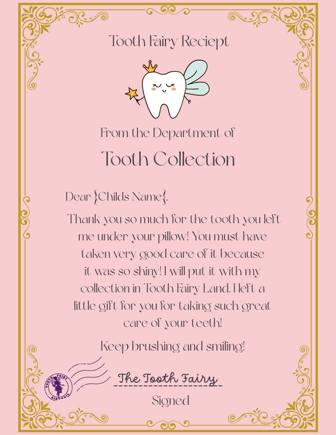 Editable Tooth Fairy Receipt | Tooth Fairy Receipt Download for Girls ...