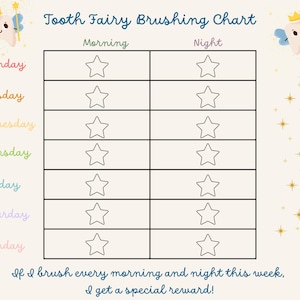 Tabla de cepillado para niños / Imprimible del Hada de los Dientes / Registro semanal de cepillado / Descarga instantánea / Tabla de higiene bucal