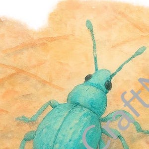 May include: A watercolor painting of a turquoise beetle with long antennae and legs, set against a textured tan background with scattered brown lines. The artwork is signed "NatureCraftNook".