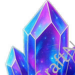 May include: A digital illustration of a crystal cluster in shades of blue, purple, and pink, with a galaxy-like pattern inside. The crystal has sharp, geometric facets and the text "Nature Craft Nook" is diagonally across the image.
