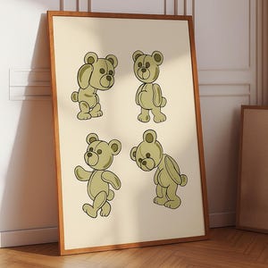 Ilustración de oso de peluche hecha a mano / Lindo oso verde para pared para guardería o habitación infantil / Regalo con estampado animal divertido