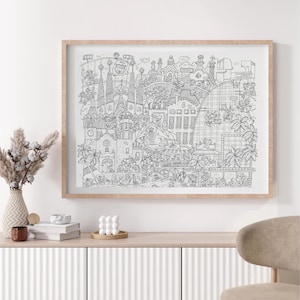 Lámina artística de Barcelona / Póster de la ciudad dibujado a mano / Decoración mural ilustrada de lugares emblemáticos