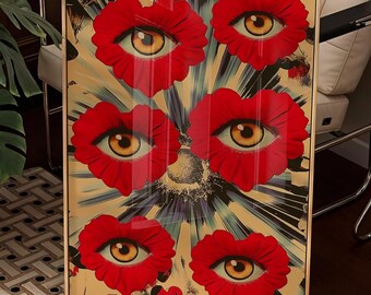 Surrealistisk blommig öga-poster: Eklektisk maximalistisk konst (digital nedladdning)
