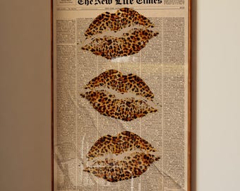 Leopard Lips Print: Chic Vintage Newspaper Art (Digital Download)