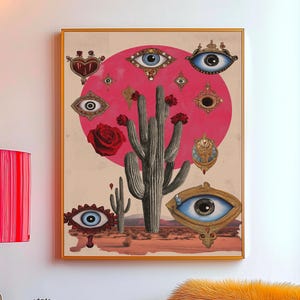 Sacred Eye Desert Poster: Mystical Maximalist Wall Art, Surreal Cactus Print, Spiritual Boho Decor