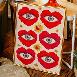 Surreal Red Lips Eye Art Print: Mystical Maximalist Decor