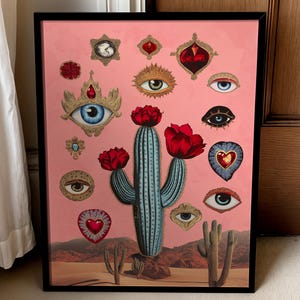 神秘的なサボテンの目プリント：シュールなピンクの砂漠のボヘミアンアート