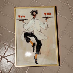 Playful illustrated waiter character dancing while holding trays of red wine glasses, wearing an oversized white coat, round goggles, red lips, and polka dot socks. This whimsical fashion-style artwork combines humor, wine culture, and expressive illustration, making it a perfect statement piece for kitchens, dining rooms, wine bars, cafes, and eclectic modern interiors.Whimsical Waiter Print: Dancing Sommelier Poster, Wine Lover Wall Art, Playful Fashion Character Decor, Modern Eclectic Home