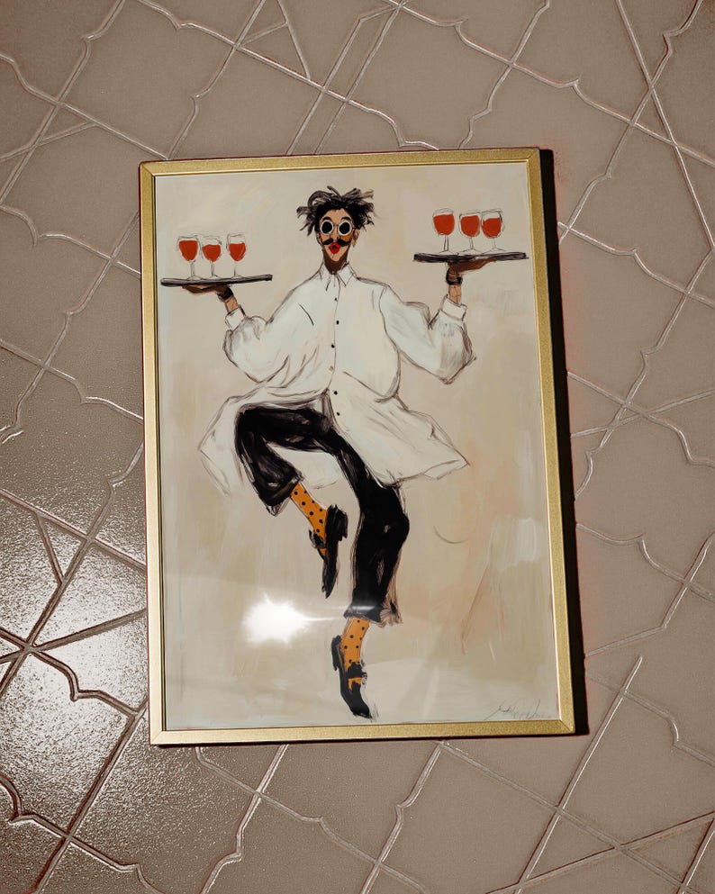 Playful illustrated waiter character dancing while holding trays of red wine glasses, wearing an oversized white coat, round goggles, red lips, and polka dot socks. This whimsical fashion-style artwork combines humor, wine culture, and expressive illustration, making it a perfect statement piece for kitchens, dining rooms, wine bars, cafes, and eclectic modern interiors.Whimsical Waiter Print: Dancing Sommelier Poster, Wine Lover Wall Art, Playful Fashion Character Decor, Modern Eclectic Home