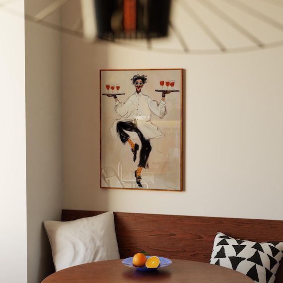 Whimsical Waiter Print: Dancing Sommelier Poster, Wine Lover Wall Art, Modern Eclectic Home Art