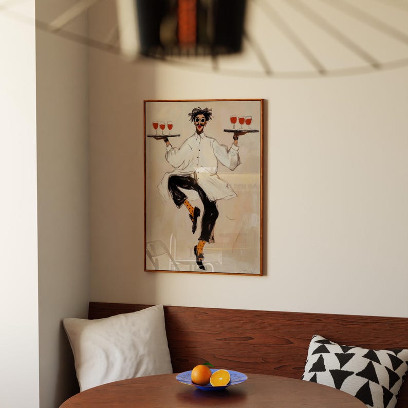 Playful illustrated waiter character dancing while holding trays of red wine glasses, wearing an oversized white coat, round goggles, red lips, and polka dot socks. This whimsical fashion-style artwork combines humor, wine culture, and expressive illustration, making it a perfect statement piece for kitchens, dining rooms, wine bars, cafes, and eclectic modern interiors.Whimsical Waiter Print: Dancing Sommelier Poster, Wine Lover Wall Art, Playful Fashion Character Decor, Modern Eclectic Home