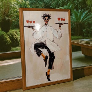Playful illustrated waiter character dancing while holding trays of red wine glasses, wearing an oversized white coat, round goggles, red lips, and polka dot socks. This whimsical fashion-style artwork combines humor, wine culture, and expressive illustration, making it a perfect statement piece for kitchens, dining rooms, wine bars, cafes, and eclectic modern interiors.Whimsical Waiter Print: Dancing Sommelier Poster, Wine Lover Wall Art, Playful Fashion Character Decor, Modern Eclectic Home