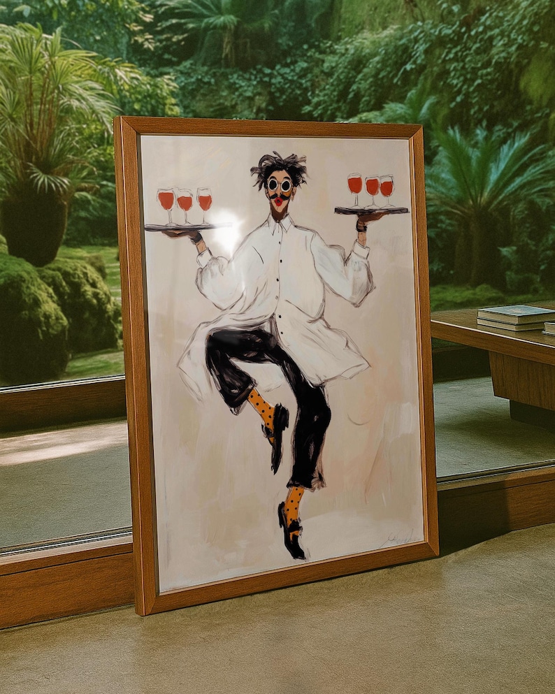 Playful illustrated waiter character dancing while holding trays of red wine glasses, wearing an oversized white coat, round goggles, red lips, and polka dot socks. This whimsical fashion-style artwork combines humor, wine culture, and expressive illustration, making it a perfect statement piece for kitchens, dining rooms, wine bars, cafes, and eclectic modern interiors.Whimsical Waiter Print: Dancing Sommelier Poster, Wine Lover Wall Art, Playful Fashion Character Decor, Modern Eclectic Home