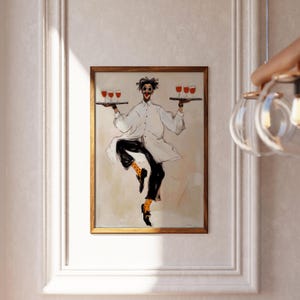 Playful illustrated waiter character dancing while holding trays of red wine glasses, wearing an oversized white coat, round goggles, red lips, and polka dot socks. This whimsical fashion-style artwork combines humor, wine culture, and expressive illustration, making it a perfect statement piece for kitchens, dining rooms, wine bars, cafes, and eclectic modern interiors.Whimsical Waiter Print: Dancing Sommelier Poster, Wine Lover Wall Art, Playful Fashion Character Decor, Modern Eclectic Home