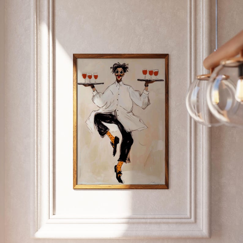 Playful illustrated waiter character dancing while holding trays of red wine glasses, wearing an oversized white coat, round goggles, red lips, and polka dot socks. This whimsical fashion-style artwork combines humor, wine culture, and expressive illustration, making it a perfect statement piece for kitchens, dining rooms, wine bars, cafes, and eclectic modern interiors.Whimsical Waiter Print: Dancing Sommelier Poster, Wine Lover Wall Art, Playful Fashion Character Decor, Modern Eclectic Home
