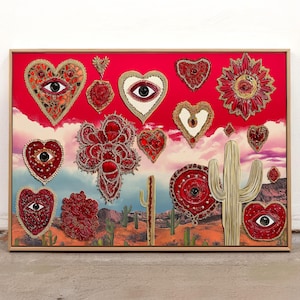 Colagem de arte surreal no deserto: arte popular mexicana, cacto vermelho e dourado