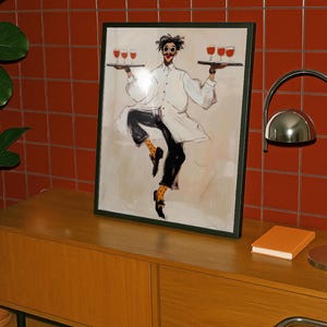 Playful illustrated waiter character dancing while holding trays of red wine glasses, wearing an oversized white coat, round goggles, red lips, and polka dot socks. This whimsical fashion-style artwork combines humor, wine culture, and expressive illustration, making it a perfect statement piece for kitchens, dining rooms, wine bars, cafes, and eclectic modern interiors.Whimsical Waiter Print: Dancing Sommelier Poster, Wine Lover Wall Art, Playful Fashion Character Decor, Modern Eclectic Home