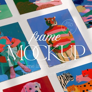 May include: A selection of vibrant art prints with animal and human figures. The prints depict a tiger-headed person in a striped top, a dog, and other animal illustrations. The words "frame MOCKUP" are displayed.