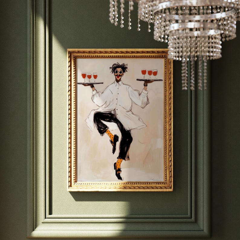 Playful illustrated waiter character dancing while holding trays of red wine glasses, wearing an oversized white coat, round goggles, red lips, and polka dot socks. This whimsical fashion-style artwork combines humor, wine culture, and expressive illustration, making it a perfect statement piece for kitchens, dining rooms, wine bars, cafes, and eclectic modern interiors.Whimsical Waiter Print: Dancing Sommelier Poster, Wine Lover Wall Art, Playful Fashion Character Decor, Modern Eclectic Home