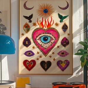 A vibrant mystical poster featuring a flaming heart with a central blue evil eye surrounded by celestial symbols, stars, moons, and birds. Embellished with jewel-like details and bright colors, this maximalist artwork blends folk art and spiritual symbolism, making it a bold bohemian wall decor piece.Mystical Eye Art, Spiritual Decor, Celestial Folk Print, Bohemian Wall Art, Protective Eye Print, Dopamine Decor, Maximalist Art, Sacred Heart Art, Colorful Mystical Decor, Eclectic Spiritual Print