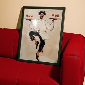 Playful illustrated waiter character dancing while holding trays of red wine glasses, wearing an oversized white coat, round goggles, red lips, and polka dot socks. This whimsical fashion-style artwork combines humor, wine culture, and expressive illustration, making it a perfect statement piece for kitchens, dining rooms, wine bars, cafes, and eclectic modern interiors.Whimsical Waiter Print: Dancing Sommelier Poster, Wine Lover Wall Art, Playful Fashion Character Decor, Modern Eclectic Home