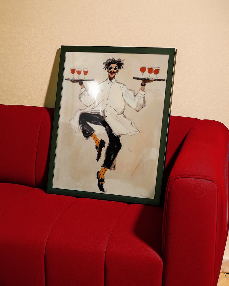 Playful illustrated waiter character dancing while holding trays of red wine glasses, wearing an oversized white coat, round goggles, red lips, and polka dot socks. This whimsical fashion-style artwork combines humor, wine culture, and expressive illustration, making it a perfect statement piece for kitchens, dining rooms, wine bars, cafes, and eclectic modern interiors.Whimsical Waiter Print: Dancing Sommelier Poster, Wine Lover Wall Art, Playful Fashion Character Decor, Modern Eclectic Home