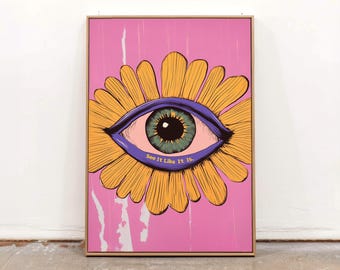 Surreal Eye Wall Art: Pink Flower Poster, Psychedelic Pop Art Print