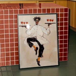 Playful illustrated waiter character dancing while holding trays of red wine glasses, wearing an oversized white coat, round goggles, red lips, and polka dot socks. This whimsical fashion-style artwork combines humor, wine culture, and expressive illustration, making it a perfect statement piece for kitchens, dining rooms, wine bars, cafes, and eclectic modern interiors.Whimsical Waiter Print: Dancing Sommelier Poster, Wine Lover Wall Art, Playful Fashion Character Decor, Modern Eclectic Home
