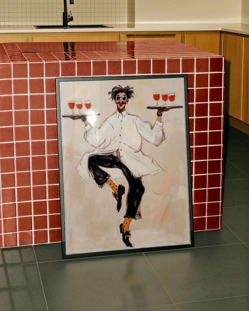 Playful illustrated waiter character dancing while holding trays of red wine glasses, wearing an oversized white coat, round goggles, red lips, and polka dot socks. This whimsical fashion-style artwork combines humor, wine culture, and expressive illustration, making it a perfect statement piece for kitchens, dining rooms, wine bars, cafes, and eclectic modern interiors.Whimsical Waiter Print: Dancing Sommelier Poster, Wine Lover Wall Art, Playful Fashion Character Decor, Modern Eclectic Home