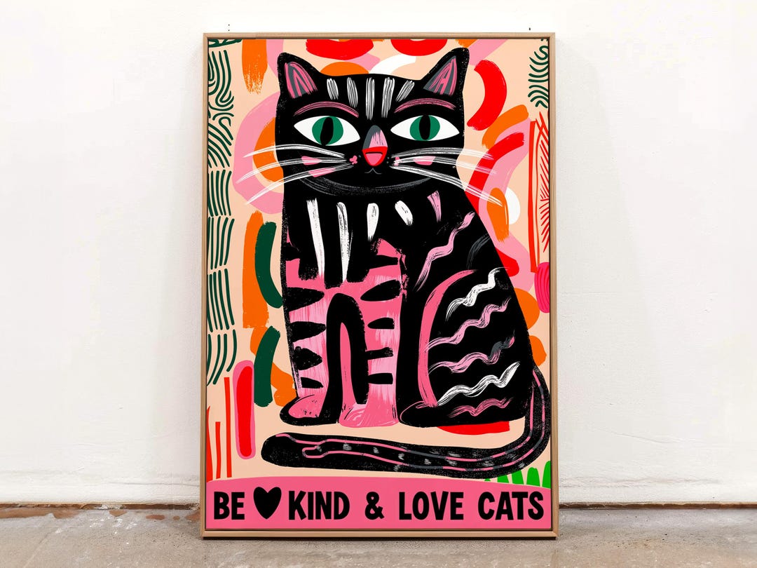 Be Kind Love Cats Poster, Eclectic Wall Art, Colorful Feline Print ...