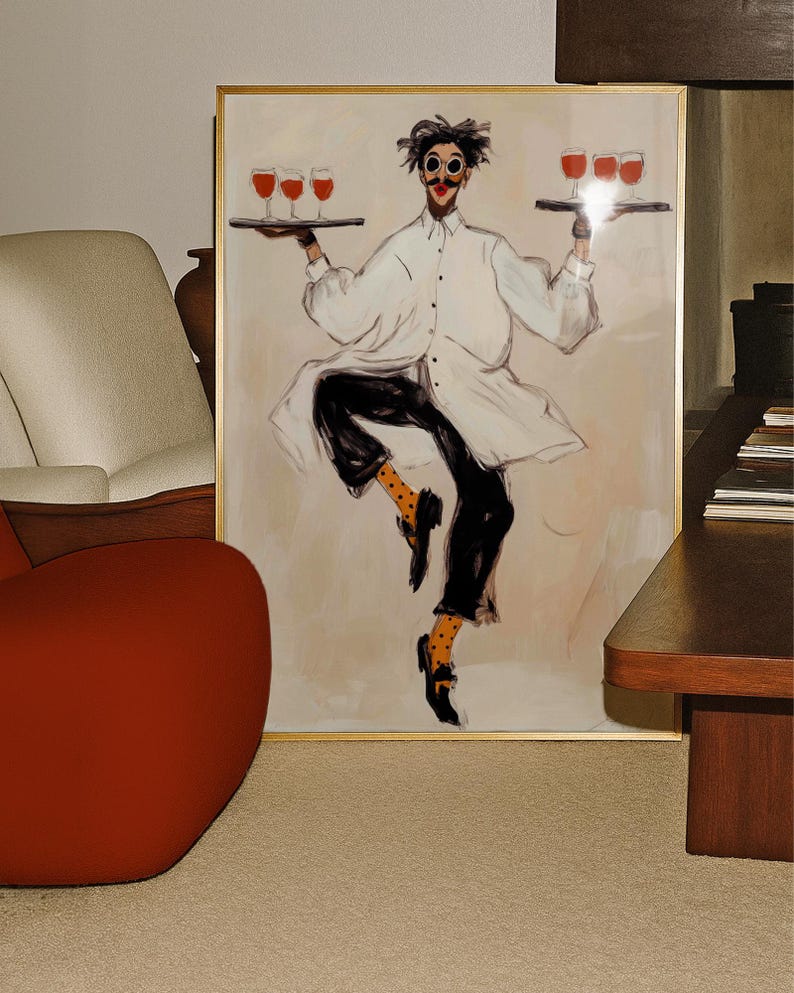 Playful illustrated waiter character dancing while holding trays of red wine glasses, wearing an oversized white coat, round goggles, red lips, and polka dot socks. This whimsical fashion-style artwork combines humor, wine culture, and expressive illustration, making it a perfect statement piece for kitchens, dining rooms, wine bars, cafes, and eclectic modern interiors.Whimsical Waiter Print: Dancing Sommelier Poster, Wine Lover Wall Art, Playful Fashion Character Decor, Modern Eclectic Home