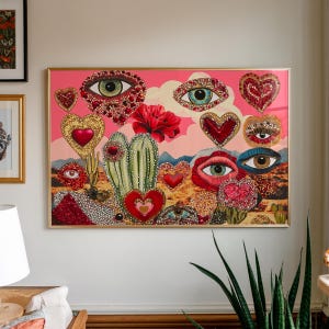 Maximalist Kaktus Auge Kunst, Retro surreale Wüsten Kunst, verziertes Herz Poster, wunderliches rotes Pop Plakat, funky eklektisches Dekor, Schlafzimmer-Wand-Dekor