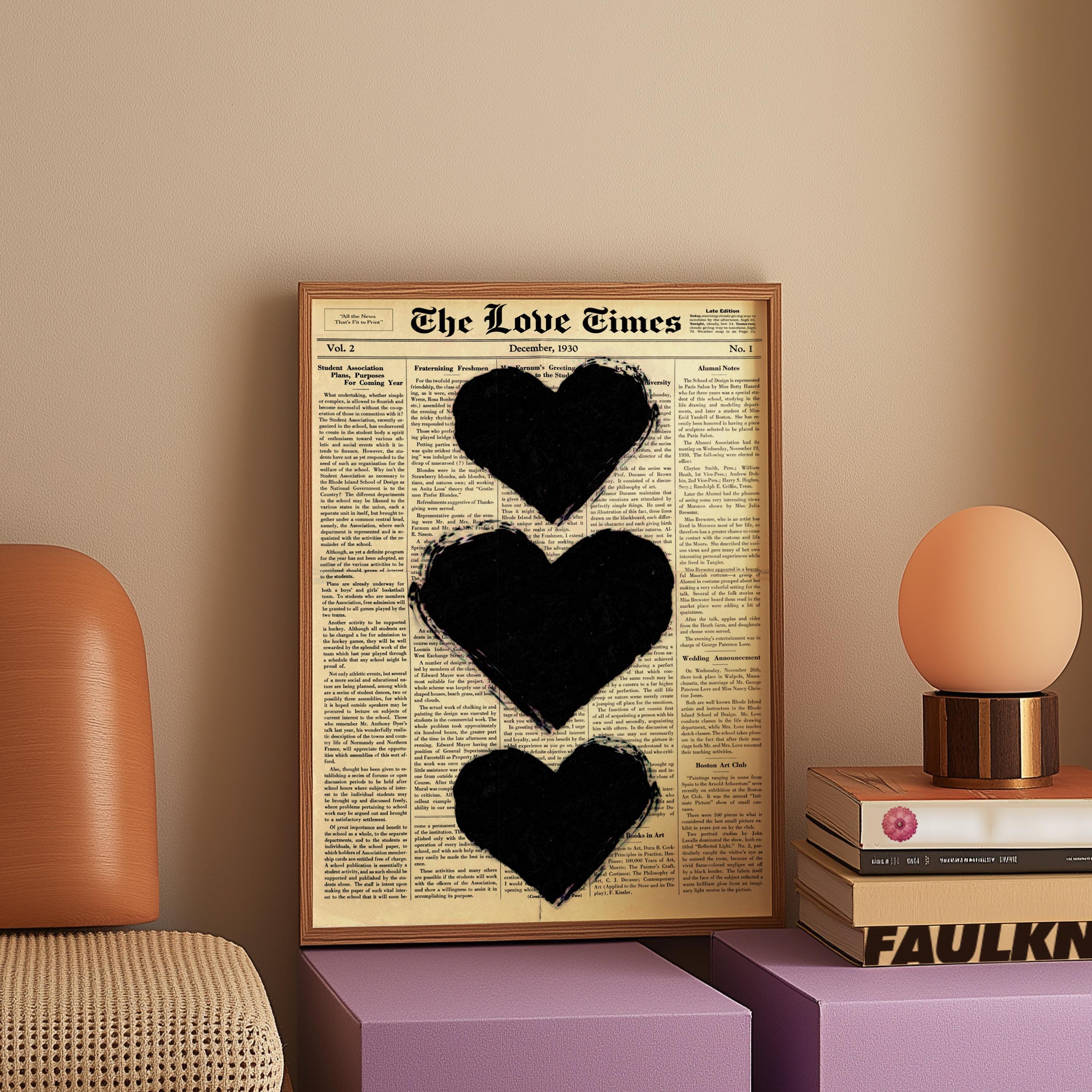 Vintage Newspaper Love Print: Black Heart Grunge Wall Art (digital