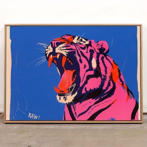 Tiger Poster, Pop Art Print, Trendy Animal Print, Roaring Tiger Print, Unique Art Print, Pink Blue Wall Art, Dopamine Decor, Retro Poster