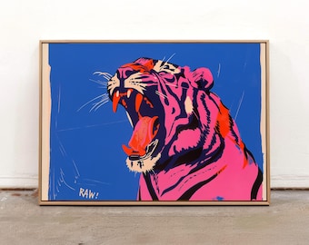 Popkonst-tryck med rytande tiger: Rosa & blå trendig djurposter