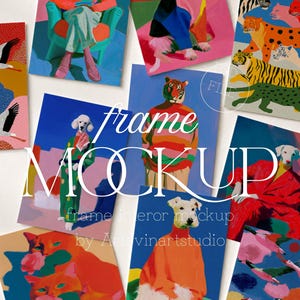 May include: A collection of colorful art prints featuring animal figures with human clothing and accessories. The prints showcase a variety of animals, including dogs and tigers, in vibrant colors and unique poses. The text "frame MOCKUP" is overlaid on the image.