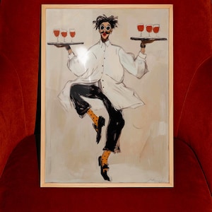 Playful illustrated waiter character dancing while holding trays of red wine glasses, wearing an oversized white coat, round goggles, red lips, and polka dot socks. This whimsical fashion-style artwork combines humor, wine culture, and expressive illustration, making it a perfect statement piece for kitchens, dining rooms, wine bars, cafes, and eclectic modern interiors.Whimsical Waiter Print: Dancing Sommelier Poster, Wine Lover Wall Art, Playful Fashion Character Decor, Modern Eclectic Home
