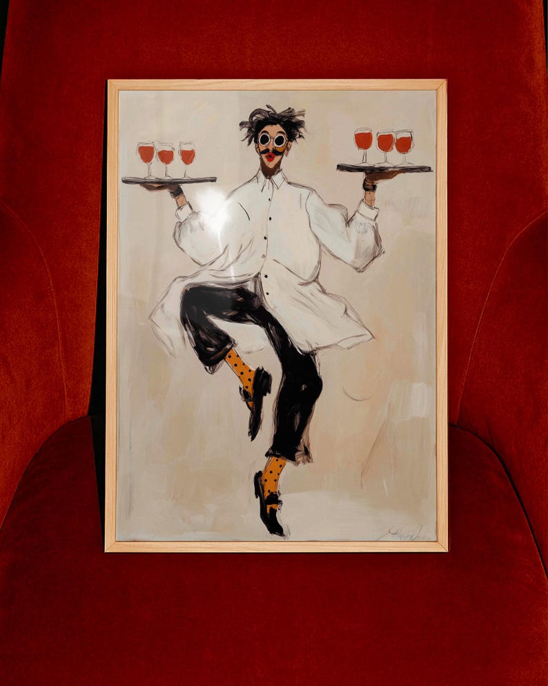 Playful illustrated waiter character dancing while holding trays of red wine glasses, wearing an oversized white coat, round goggles, red lips, and polka dot socks. This whimsical fashion-style artwork combines humor, wine culture, and expressive illustration, making it a perfect statement piece for kitchens, dining rooms, wine bars, cafes, and eclectic modern interiors.Whimsical Waiter Print: Dancing Sommelier Poster, Wine Lover Wall Art, Playful Fashion Character Decor, Modern Eclectic Home
