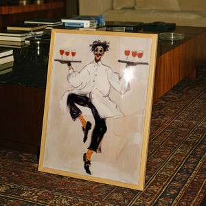 Playful illustrated waiter character dancing while holding trays of red wine glasses, wearing an oversized white coat, round goggles, red lips, and polka dot socks. This whimsical fashion-style artwork combines humor, wine culture, and expressive illustration, making it a perfect statement piece for kitchens, dining rooms, wine bars, cafes, and eclectic modern interiors.Whimsical Waiter Print: Dancing Sommelier Poster, Wine Lover Wall Art, Playful Fashion Character Decor, Modern Eclectic Home
