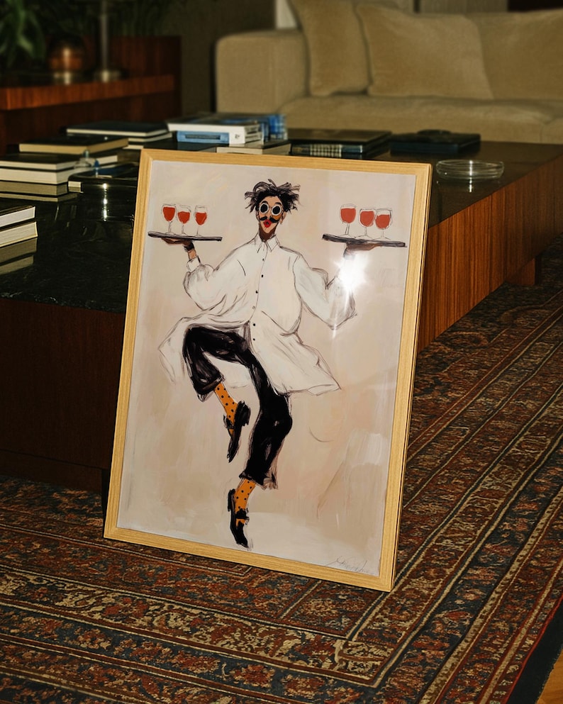 Playful illustrated waiter character dancing while holding trays of red wine glasses, wearing an oversized white coat, round goggles, red lips, and polka dot socks. This whimsical fashion-style artwork combines humor, wine culture, and expressive illustration, making it a perfect statement piece for kitchens, dining rooms, wine bars, cafes, and eclectic modern interiors.Whimsical Waiter Print: Dancing Sommelier Poster, Wine Lover Wall Art, Playful Fashion Character Decor, Modern Eclectic Home