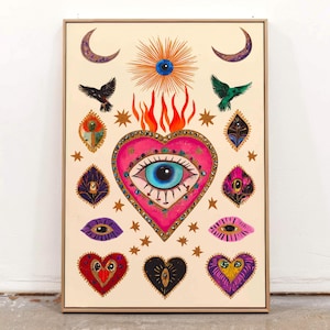 A vibrant mystical poster featuring a flaming heart with a central blue evil eye surrounded by celestial symbols, stars, moons, and birds. Embellished with jewel-like details and bright colors, this maximalist artwork blends folk art and spiritual symbolism, making it a bold bohemian wall decor piece.Mystical Eye Art, Spiritual Decor, Celestial Folk Print, Bohemian Wall Art, Protective Eye Print, Dopamine Decor, Maximalist Art, Sacred Heart Art, Colorful Mystical Decor, Eclectic Spiritual Print