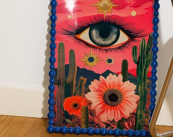 Surreal Desert Eye Art Print: Golden Sunburst, Cactus Flowers, Bohemian Wall Decor