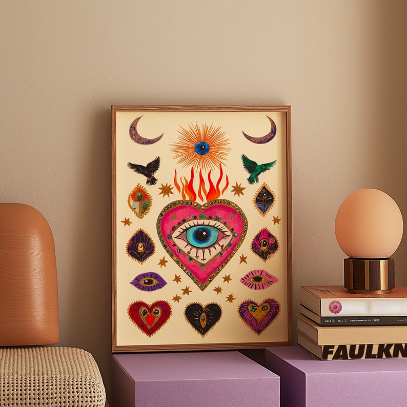 A vibrant mystical poster featuring a flaming heart with a central blue evil eye surrounded by celestial symbols, stars, moons, and birds. Embellished with jewel-like details and bright colors, this maximalist artwork blends folk art and spiritual symbolism, making it a bold bohemian wall decor piece.Mystical Eye Art, Spiritual Decor, Celestial Folk Print, Bohemian Wall Art, Protective Eye Print, Dopamine Decor, Maximalist Art, Sacred Heart Art, Colorful Mystical Decor, Eclectic Spiritual Print