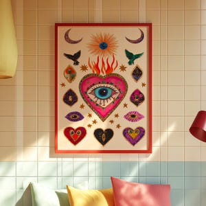 A vibrant mystical poster featuring a flaming heart with a central blue evil eye surrounded by celestial symbols, stars, moons, and birds. Embellished with jewel-like details and bright colors, this maximalist artwork blends folk art and spiritual symbolism, making it a bold bohemian wall decor piece.Mystical Eye Art, Spiritual Decor, Celestial Folk Print, Bohemian Wall Art, Protective Eye Print, Dopamine Decor, Maximalist Art, Sacred Heart Art, Colorful Mystical Decor, Eclectic Spiritual Print