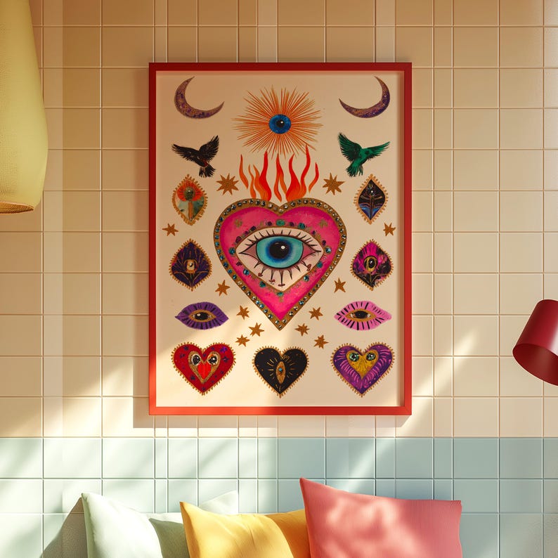 A vibrant mystical poster featuring a flaming heart with a central blue evil eye surrounded by celestial symbols, stars, moons, and birds. Embellished with jewel-like details and bright colors, this maximalist artwork blends folk art and spiritual symbolism, making it a bold bohemian wall decor piece.Mystical Eye Art, Spiritual Decor, Celestial Folk Print, Bohemian Wall Art, Protective Eye Print, Dopamine Decor, Maximalist Art, Sacred Heart Art, Colorful Mystical Decor, Eclectic Spiritual Print
