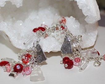 Cat Charm Bracelet, Glow in the Dark, Hearts, Year Round Wear, Red and White