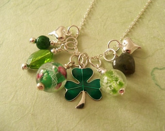 Irish Charm Necklace, Shamrock,  Glow in the Dark, Vintage Beau Sterling Guillouche Charm, Wild Irish Rose,  Irish Jewelry, Connemara marble